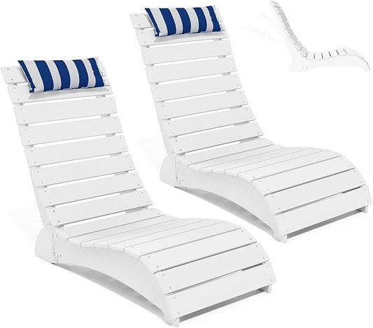 Pool Lounge Chairs Set of 2, HDPE Adjustable Chaise Chairs with Headrest, Weighted Fade-Resistant Pool Chairs and Lounger for Baja Ledge，Poolside and Deck, White