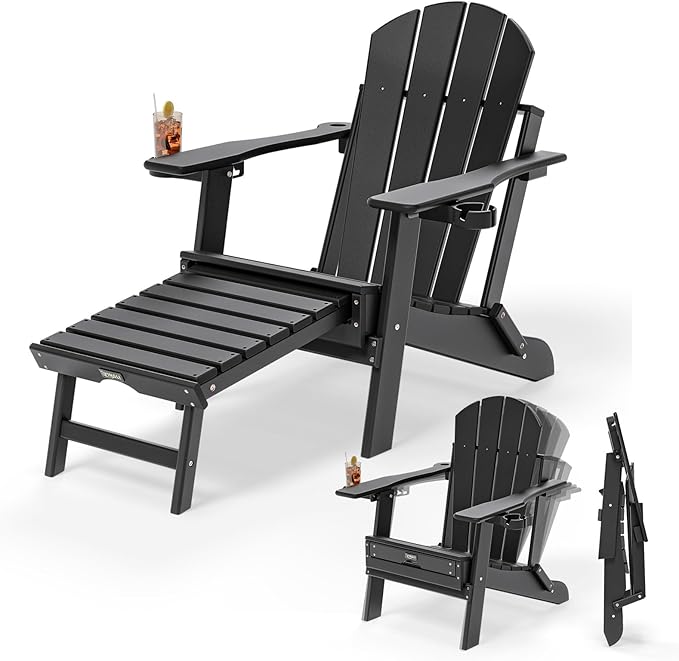 VINGLI Back-Adjustable Plastic Folding Adirondack Chairs with Retractable Footrest & 2-in-1 Cup Holders - Photo 1