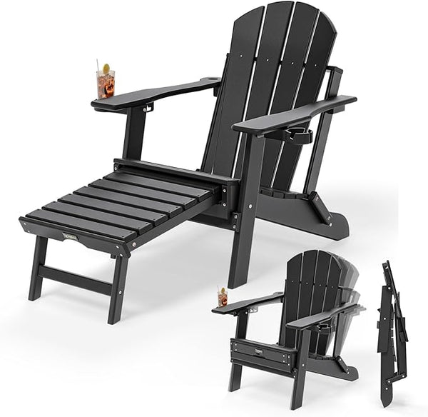 VINGLI Back-Adjustable Plastic Folding Adirondack Chairs with Retractable Footrest & 2-in-1 Cup Holders - Photo 1