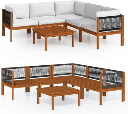 6-Piece Acacia Wood Garden Lounge Set with 8 Cushions, Modular Outdoor Patio Furniture for Balcony, Rustic Seating with Removable Covers and Oiled Finish