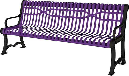 COATEDOUTDOORFURNITURE Heavy-Duty Outdoor Bench Thermoplastic Coated, Slatted Steel, Commercial-Grade Garden Bench, Made in America (Portable with Back, 4 Ft, Textured Purple)