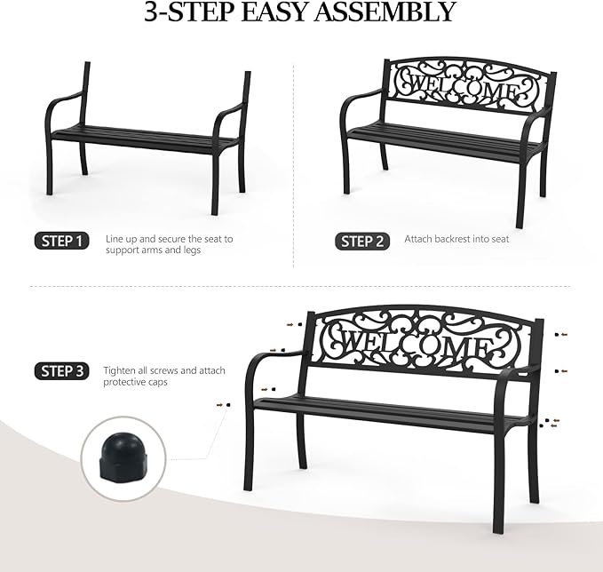 VINGLI Outdoor Bench for Patio Metal Garden Bench w/PVC Back Pattern, Black Park Benches Front Porch Benches for Yard Lawn Decor Deck Entryway (Black-Welcome)