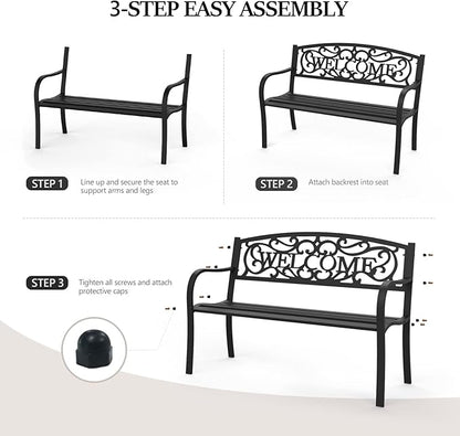 VINGLI Outdoor Bench for Patio Metal Garden Bench w/PVC Back Pattern, Black Park Benches Front Porch Benches for Yard Lawn Decor Deck Entryway (Black-Welcome)