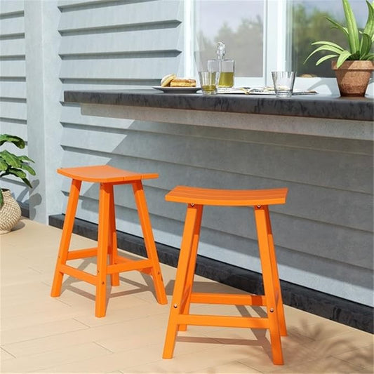 Costaelm All-Weather Bar Stools Set of 2, 24" Height Outdoor Bar Stools, Adirondack Poly Patio Bar Stool for Patio, Deck, Kitchen Counter and Garden, Dark Brown