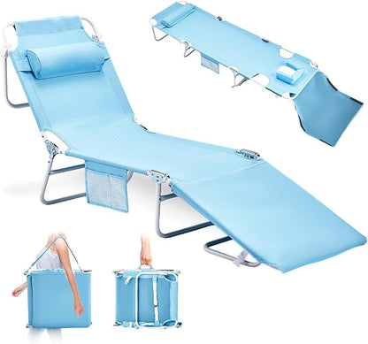 VINGLI Tanning Chair, Beach Lounge Chair with Face Hole, Lounge Chair Outdoor, Height-Adjustable Tanning Lounger, Anti-Tip Design, Carrying Bag, 475lbs, Blue