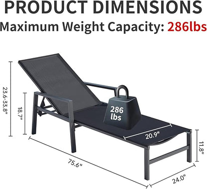 Aluminum Chaise Lounge Chairs Set of 2,5 Adjustable Outdoor Lounge Chaise Chairs,Patio Chaise Lounge with Armrests,for Beach Poolside,Balcony,Yard(Black)