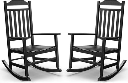 Patio Rocking Chair Outdoor Set of 2,Weather Resistant Poly Resin Oversized Porch Rocker,High Back Smooth Design,350lb Weight Capacity,Indoor Outdoor Use(2, Black)