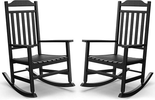Patio Rocking Chair Outdoor Set of 2,Weather Resistant Poly Resin Oversized Porch Rocker,High Back Smooth Design,350lb Weight Capacity,Indoor Outdoor Use(2, Black)