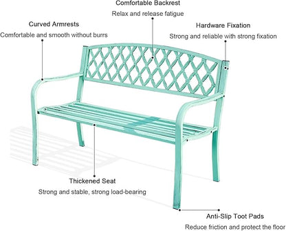 Porch Benches Outdoor, 2-3 Person Metal Garden Bench with Diamond Weaving Backrest, Load Bearing 880lbs, for Backyard Deck Lawn Poolside(Brown)