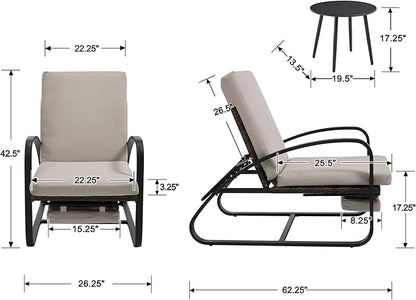 3 Piece Patio Furniture Set, Modern Patio Chaise Lounge Chairs, 5-Position Adjustable Bistro Set Balcony Furniture, Metal Patio Chairs with Coffee Table, Pool Lounge Chair for Deck, Khaki