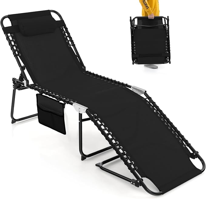 Giantex Patio Lounge Chairs for Outside - Folding Tanning Chair w/Headrest, 4 Adjustable Positions, Side Pocket, Outdoor Chaise Lounge for Camping, Pool, Sunbathing Beach Chair, Black