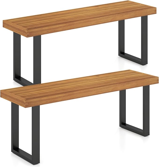 Tangkula Acacia Wood Outdoor Bench, 48" Long Patio Dining Bench w/Metal Legs, Slatted Seat, Backless Picnic Bench - Photo 1