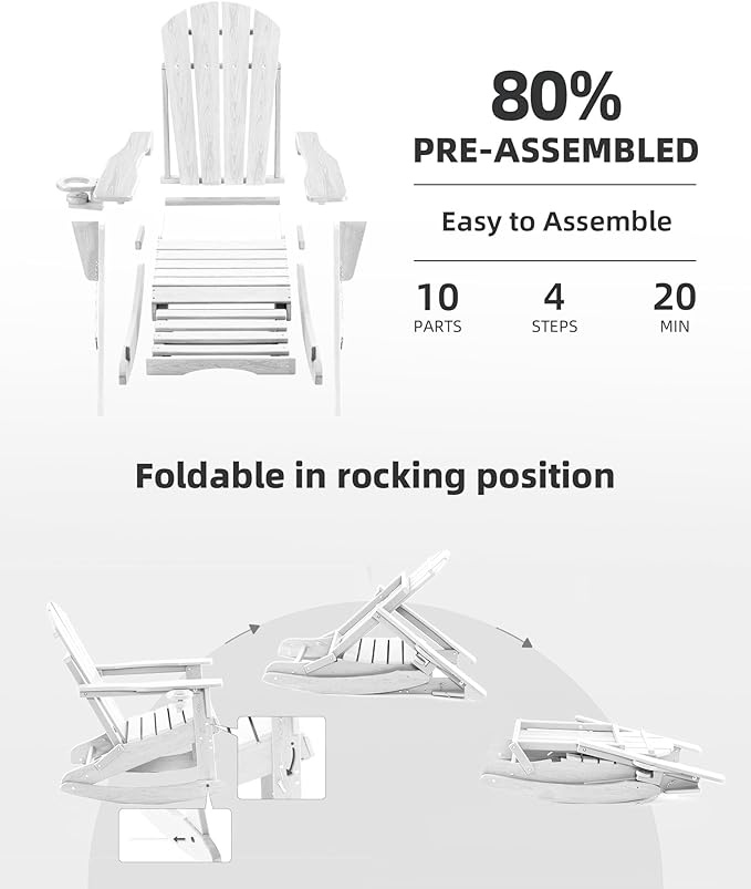 Folding Adirondack Rocking Chair Set of 2,4-in-1 Multifunctional Patio Chairs with Retractable Ottoman, Outdoor Chairs Wood Texture, Lawn Chair for Porch, Backyard, Pool(White)