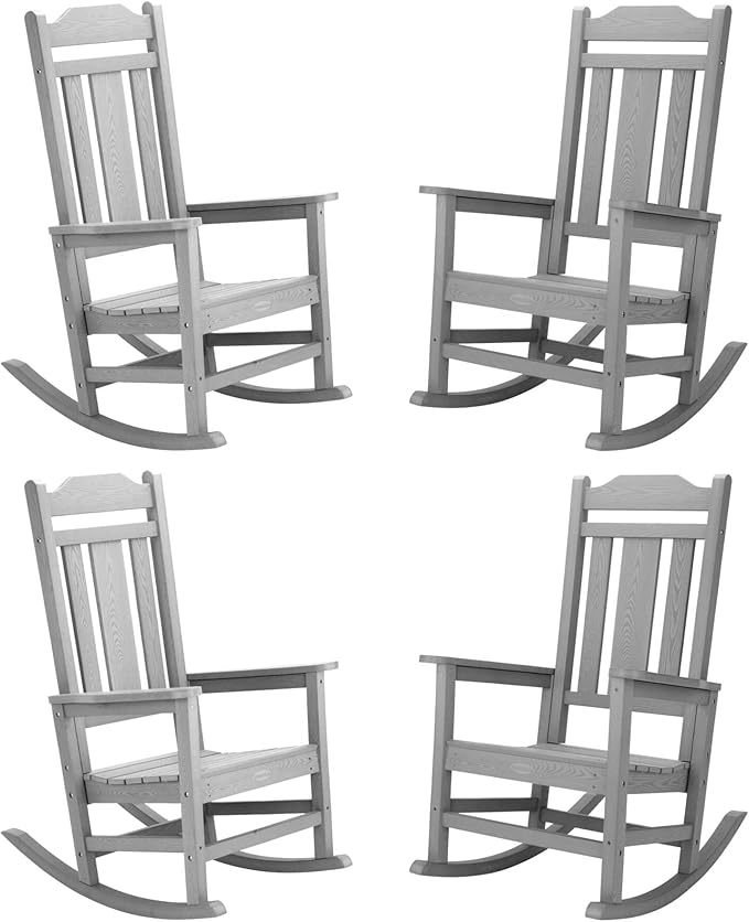 Outdoor Rocking Chairs Set of 4, HIPS All-Weather Resistant Patio Rocker Chair for Adults, Easy Assembly for Porch, Backyard, Lawn, Garden (Grey)