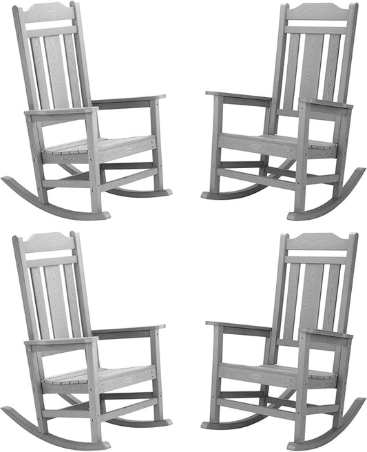 Outdoor Rocking Chairs Set of 4, HIPS All-Weather Resistant Patio Rocker Chair for Adults, Easy Assembly for Porch, Backyard, Lawn, Garden (Grey)