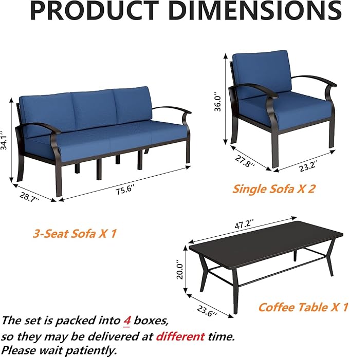 Gotland Aluminum Patio Furniture Set with Rectangular Coffee Table - Photo 2