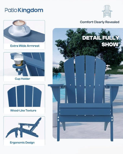 Navy Blue 6-Piece Folding Adirondack Chair Set with Cup Holders, Ottomans, Side Table & Beige 11FT Cantilever Umbrella with Base, HDPE Outdoor Chairs