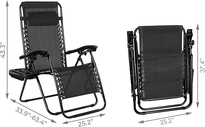 TLSUNNY Zero Gravity Chair Set of 2, Outdoor Folding Lounge W/Detachable Headrest & Holder Tray, Adjustable Textilene Lawn Reclining, No Assembly Required, for Patio, Garden, 330LBS (1, Black)