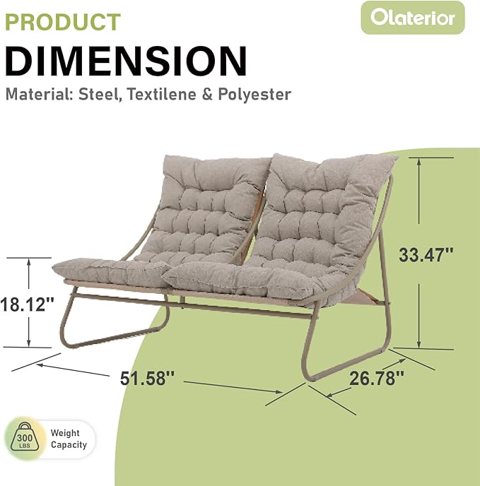 Patio Loveseat, Outdoor Double Chair, Oversized Padded Comfy Outdoor Loveseat, 2 Seater Couch with Cushion, All-Weather Patio Conversation Furniture for Porch Balcony Poolside, Champagne