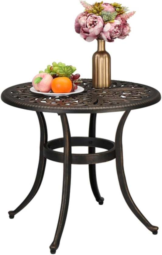 Patio Cast Aluminum Side Table with Umbrella Hole, Outdoor End Table Small Round Coffee Table for Backyard, Garden, Porch, Balcony, Pool Side, Indoor, Weather Resistant, Bronze