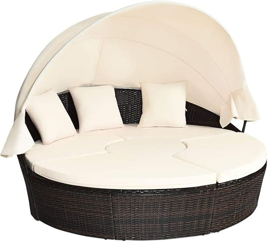 RELAX4LIFE Round Outdoor Daybed with Canopy, Rattan Wicker Sectional Sofa Set w/Cushions, Height Adjustable Table, Conversation Bed Lounger Separated Seating for Outside Pool, Patio Daybed (Off White)