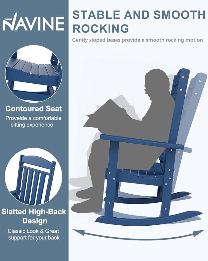 3-Piece Outdoor Rocking Chair Set, Oversized Porch Rocking Chair Set of 2 with Side Table, HDPE High Back Patio Rocking Chair, Suitable for Patio, Porch, Backyard, Navy Blue
