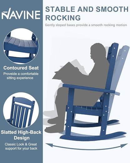 3-Piece Outdoor Rocking Chair Set, Oversized Porch Rocking Chair Set of 2 with Side Table, HDPE High Back Patio Rocking Chair, Suitable for Patio, Porch, Backyard, Navy Blue
