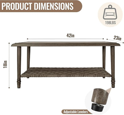 Outdoor Coffee Table Rectangular, Metal&Wicker Patio Table for Outside, Outdoor PE Wicker Coffee Table, All-Weather Coffee Side Table with Storage, Patio Furniture for Patio Balcony Porch (Brown)