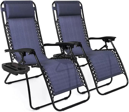 EZONE Zero Gravity Lounge Chairs Outdoor Adjustable Reclining Patio Chair Steel Mesh Folding Recliner for Pool Beach Camping Lounge Chair with Pillows and Cup Tray (2, Navy Blue)