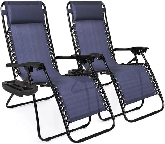EZONE Zero Gravity Lounge Chairs Outdoor Adjustable Reclining Patio Chair Steel Mesh Folding Recliner for Pool Beach Camping Lounge Chair with Pillows and Cup Tray (2, Navy Blue)