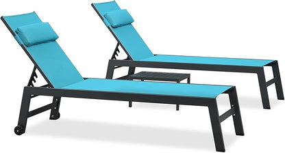 PURPLE LEAF Outdoor Lounge Chair Set of 3 Patio Chaise Pool Lounger Aluminum Frame with Side Table and Wheels for Outside Sunbathing Tanning Recliner Including Pillows Turquoise Blue