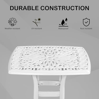 VINGLI 21” Cast Aluminum Outdoor Side Table with 1.6” Umbrella Hole, All Weather Square Patio Coffee Table Bistro Table End Table for Yard Porch Poolside(White)…