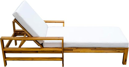Outdoor Acacia Wood Chaise Lounges with Adjustable Backrest and Cushion, Patio Reclining Lounge Chair for Porch Backyard Balcony Poolside (Natural+Beige)