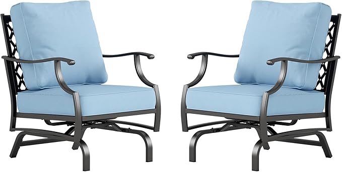 Metal Outdoor Rocker Patio Chairs Set of 2 with 5.75" Extra Thick Cushion, 2 Piece High Back Rocker Patio Chairs All Weather Outdoor Furniture Seating for Deck Balcony Porch, Blue