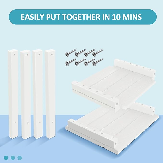 2 Tier Outdoor Side Table with Wood-Like Grain, 16.6" HDPE Adirondack Table Patio Side Table, Weather Resistant End Table for Pool, Patio & Porch, Small Outdoor Table (White, Rectangle)