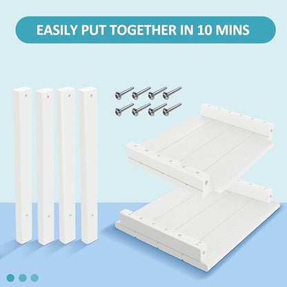 2 Tier Outdoor Side Table with Wood-Like Grain, 16.6" HDPE Adirondack Table Patio Side Table, Weather Resistant End Table for Pool, Patio & Porch, Small Outdoor Table (White, Rectangle)