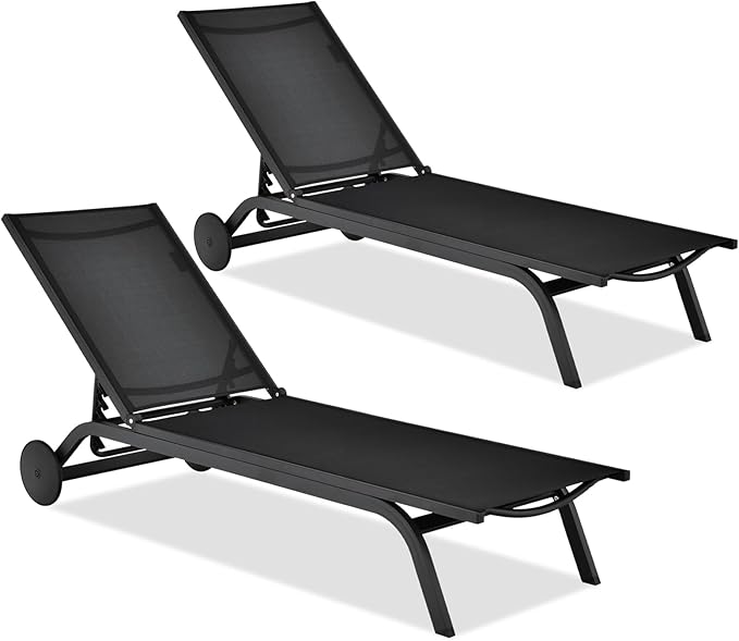 COSTWAY 2 PCS Outdoor Patio Chaise Lounge, 6-Position Adjustable Pool Lounger with Stable Aluminum Frame, Portable Sun Bathing Lounge Chair on Wheels for Backyard Garden, Black