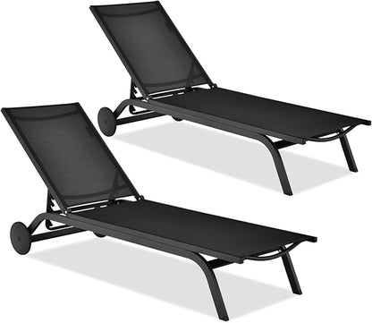 COSTWAY 2 PCS Outdoor Patio Chaise Lounge, 6-Position Adjustable Pool Lounger with Stable Aluminum Frame, Portable Sun Bathing Lounge Chair on Wheels for Backyard Garden, Black