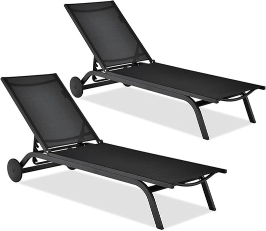 COSTWAY 2 PCS Outdoor Patio Chaise Lounge, 6-Position Adjustable Pool Lounger with Stable Aluminum Frame, Portable Sun Bathing Lounge Chair on Wheels for Backyard Garden, Black