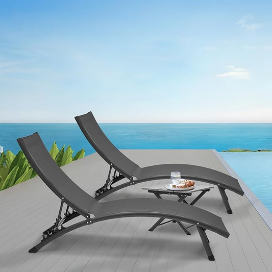 Magshion Outdoor Chaise Lounge Chair Set of 2 with Folding Side Table, Patio Pool Lounger Chairs with 6 Position, Tanning Recliner for Sunbathing, Beach, Deck, Lawn, Yard, Balcony, Poolside, Black