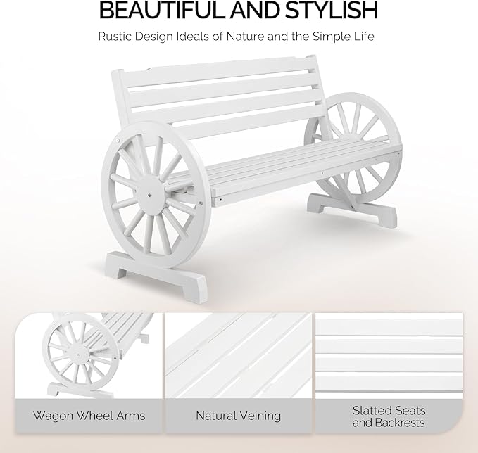VINGLI 55" Rustic Wooden Wheel Bench Outdoor Bench, 2-Person Patio Bench Wagon Slatted Seat, Garden Benches for Outdoors 350lbs High Capacity, Weather Resistance (White)