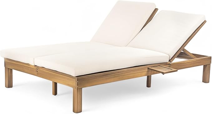 Outdoor Double Chaise Lounge with 5-Position Adjustable Backrest, Cushion and Folding Side Trays for 2 Person - Photo 6