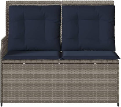 2-Seater Reclining Patio Bench, Adjustable Garden Loveseat with Soft Cushions, Durable PE Rattan Outdoor Sofa for Balcony, Porch, and Conservatory, Grey