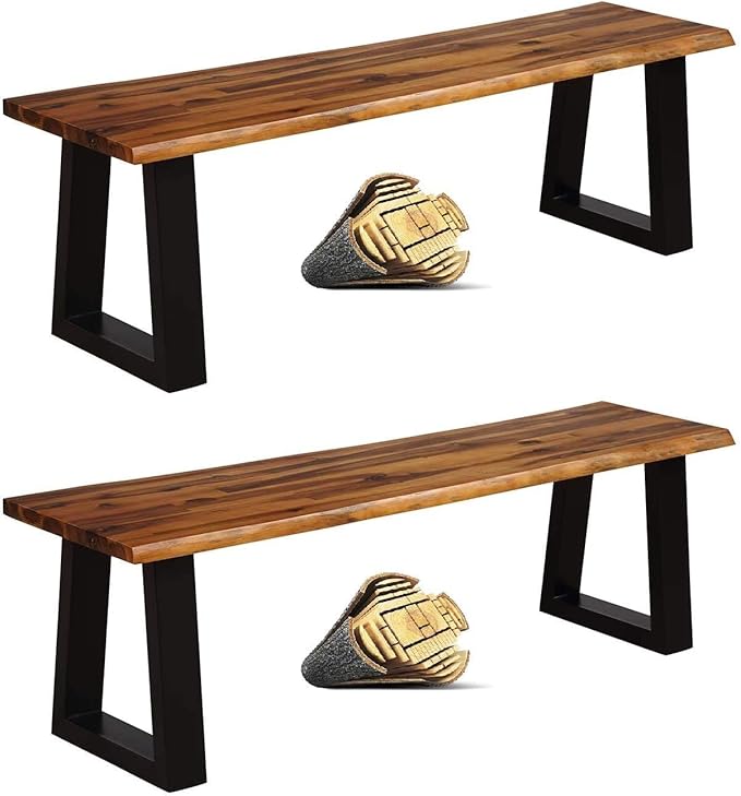 HAPPYGRILL Acacia Wood Patio Bench Set of 2, Dining Picnic Bench with Metal Frame, 57.5" Wood Bench for Indoor Outdoor Garden Backyard Lawn