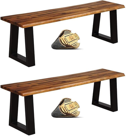 HAPPYGRILL Acacia Wood Patio Bench Set of 2, Dining Picnic Bench with Metal Frame, 57.5" Wood Bench for Indoor Outdoor Garden Backyard Lawn