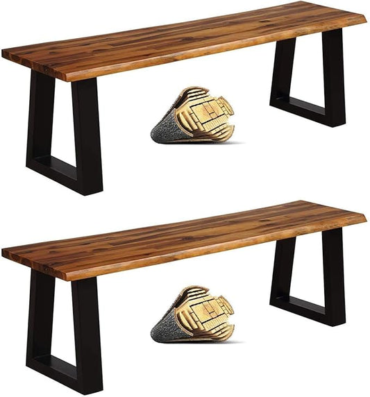 HAPPYGRILL Acacia Wood Patio Bench Set of 2, Dining Picnic Bench with Metal Frame, 57.5" Wood Bench for Indoor Outdoor Garden Backyard Lawn