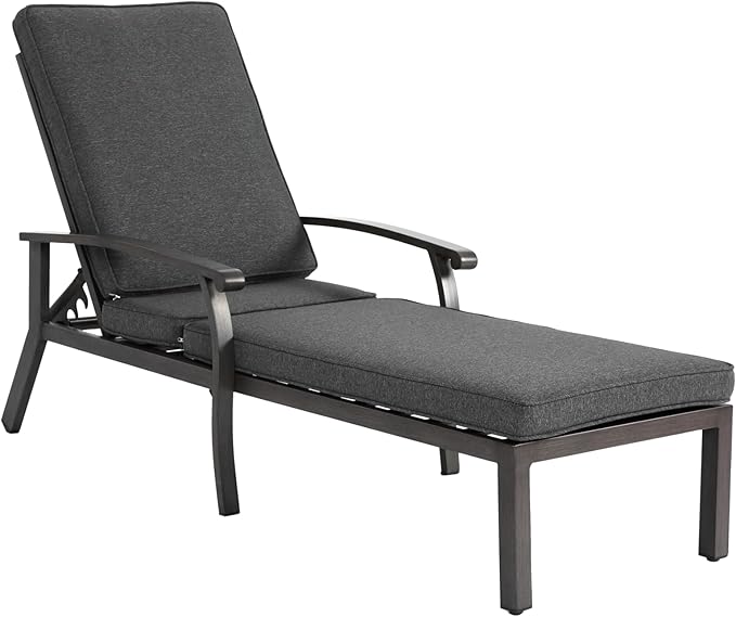 Chaise Lounge Chair Outdoor Cast Aluminum Reclining Lounger with Cushion, 5-Position Adjustable Backrest, Waterproof Padded Seat, Hidden Wheels, Elegant Poolside Garden Patio Seating (Grey)