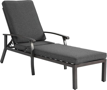 Chaise Lounge Chair Outdoor Cast Aluminum Reclining Lounger with Cushion, 5-Position Adjustable Backrest, Waterproof Padded Seat, Hidden Wheels, Elegant Poolside Garden Patio Seating (Grey)