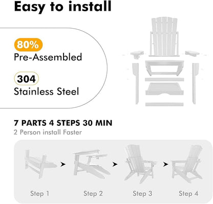 Folding Adirondack Chair with Retractable Ottoman Set of 2, All Weather Fire Pit Chairs with Cup Holder, Outdoor Chair with Ottoman,White