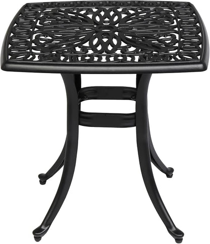 VINGLI 21" Cast Aluminum Outdoor Side Table with Umbrella Hole, All Weather Patio Side Table Bistro Table for Balcony, Yard and Porch (Black)